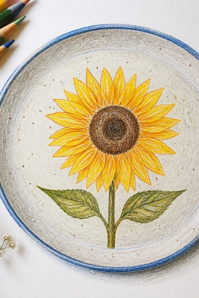 Sunflower sitting on a plate with speckled ceramic texture