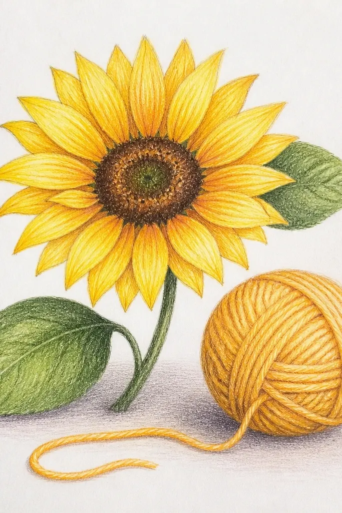 Sunflower next to a yarn ball with soft shadow shapes