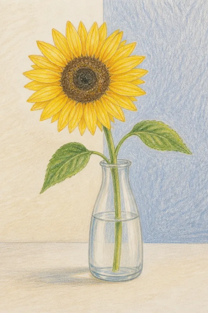 Sunflower in a glass vase with a two-tone background