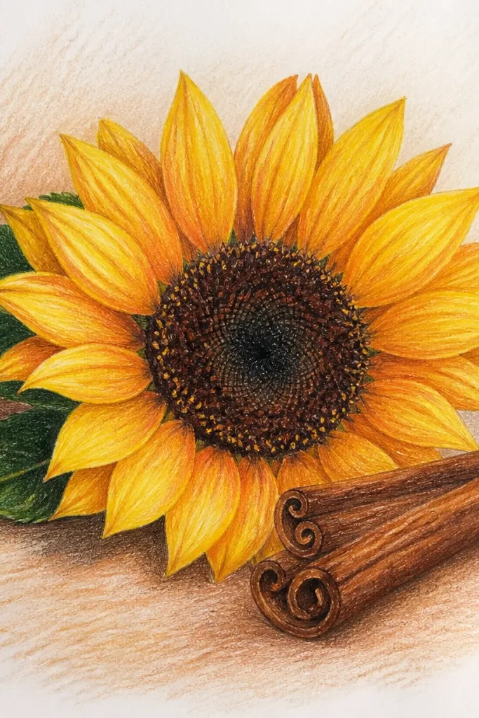 Sunflower next to cinnamon sticks with warm brown shading