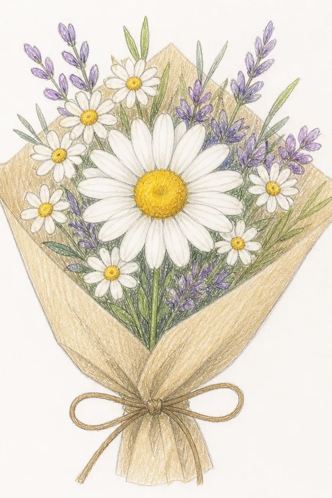 Two or three daisies with a single large center and thin curving stems