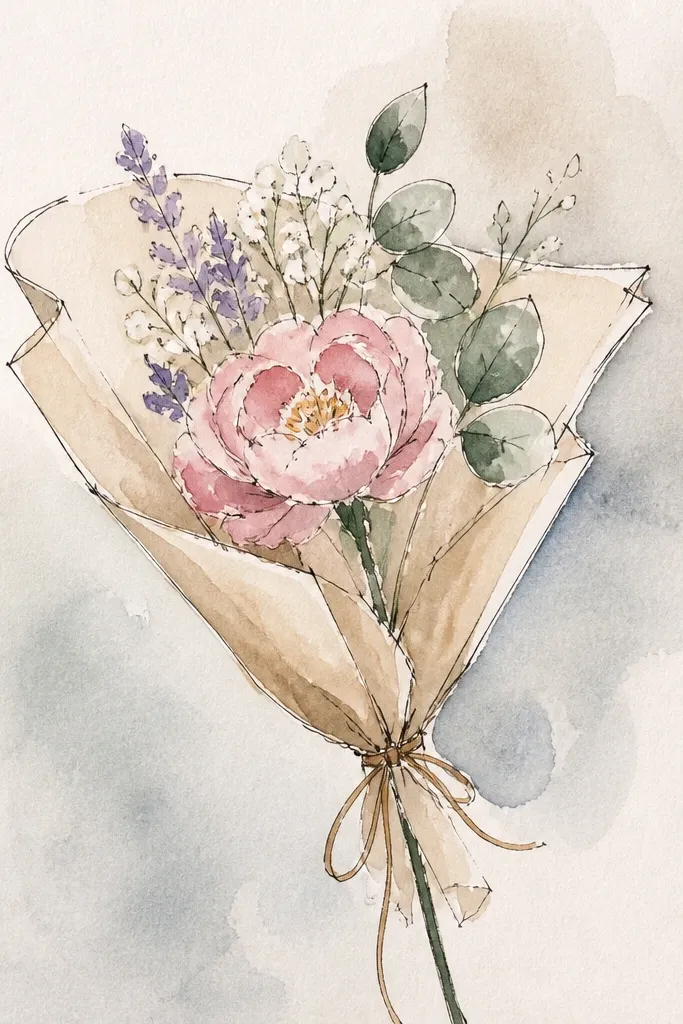 Single peony-like flower with layered petal fan and a thin stem