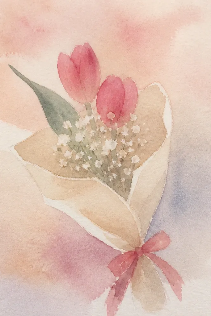 Two tulip buds facing slightly different directions with one long ribbon leaf