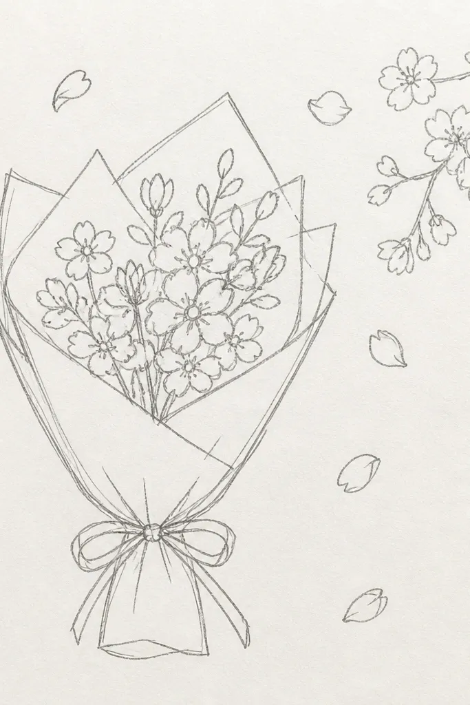 Cherry blossom sprig with small five-petal flowers and scattered petal shapes