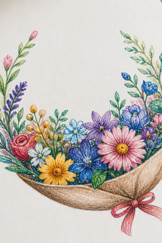 Half-circle arrangement of small flowers with a clean open bottom