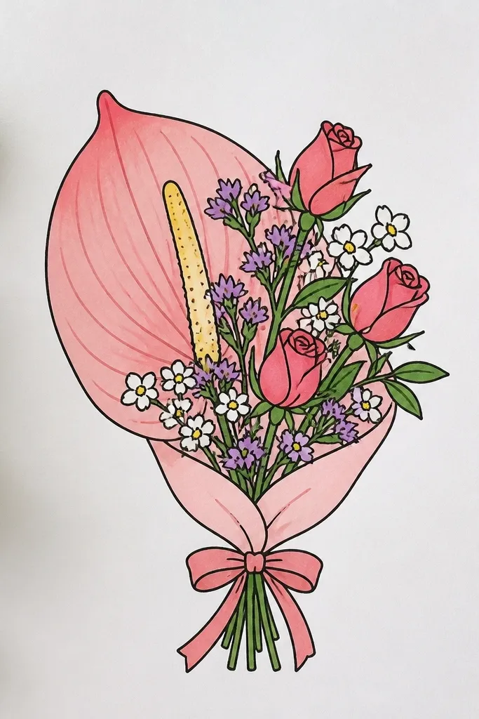 Two rosebuds with one elongated leaf shape and small filler dots