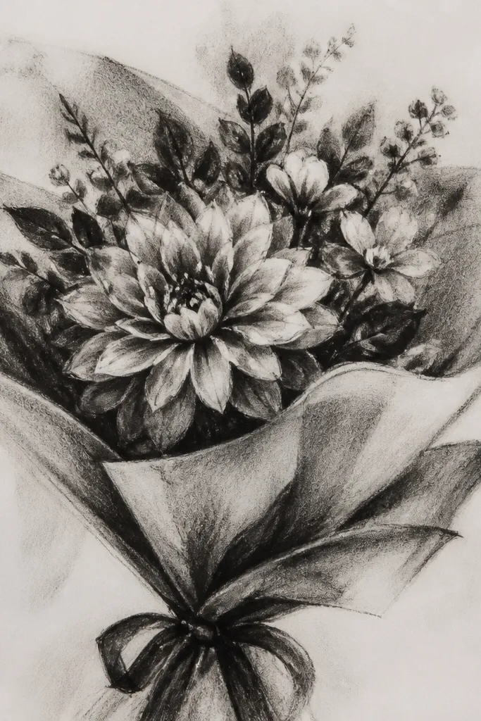 Dahlia-inspired flower with layered curved petals and light ridge shading