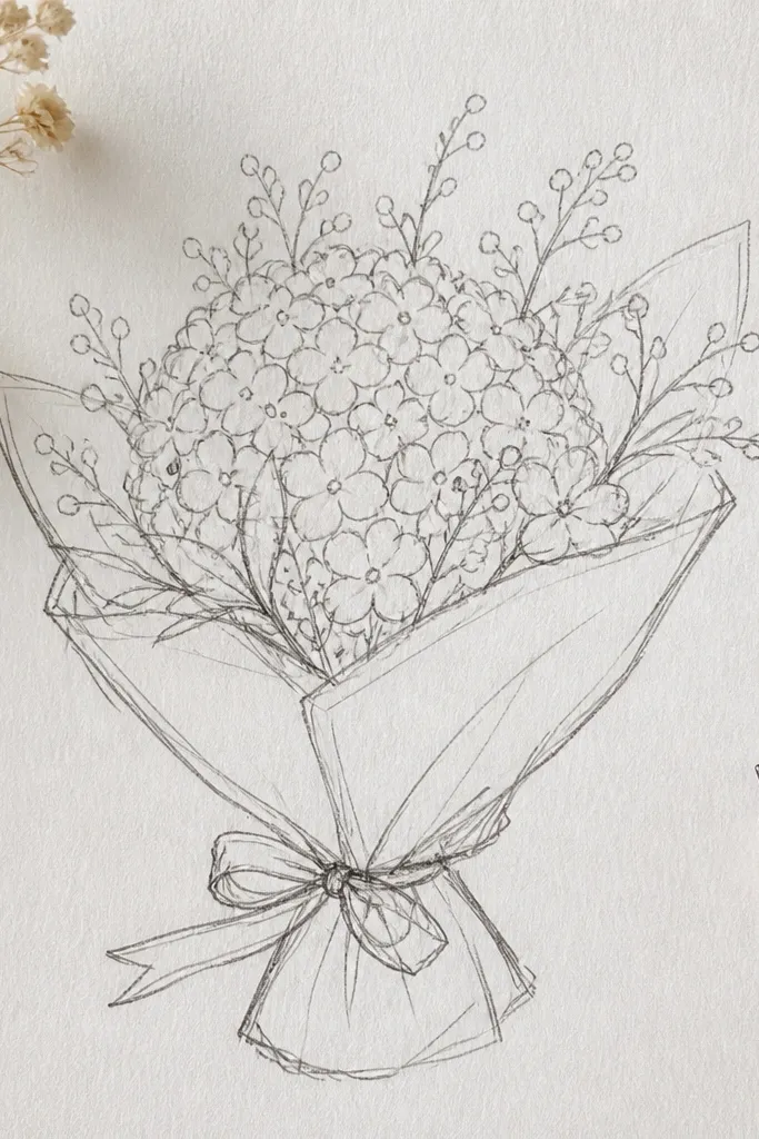 Hydrangea-like cluster as a cloud with many tiny dots and small leaf hints