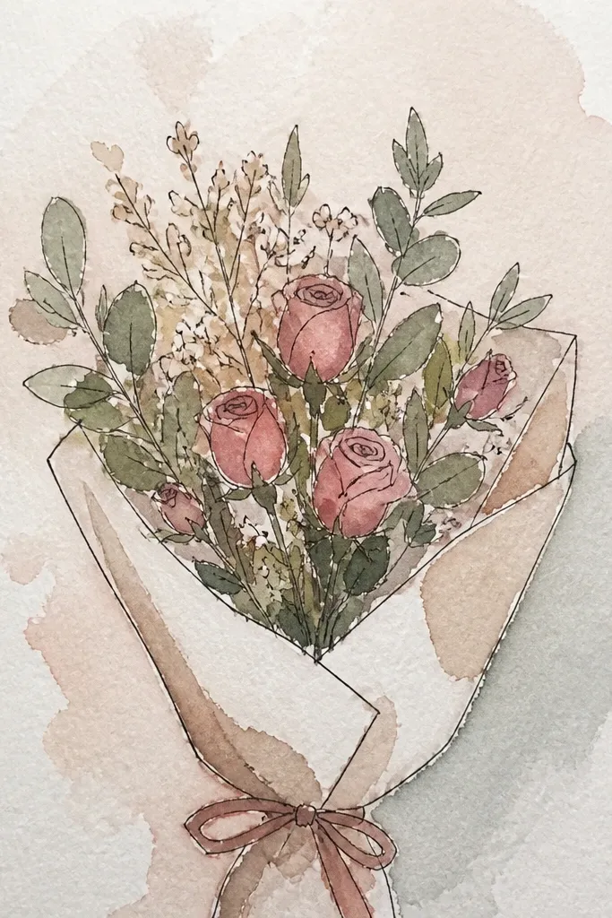 Two rosebuds with sage-like leaves and thin vein lines