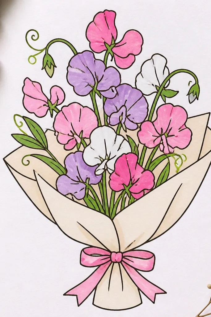 Sweet pea cluster with butterfly-shaped petals and curling tendrils