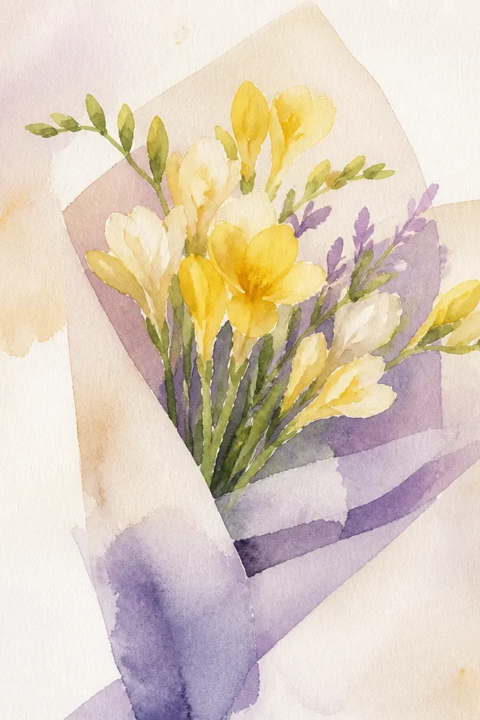 Freesia-like flowers with layered petals and inner stripe lines on a sprig