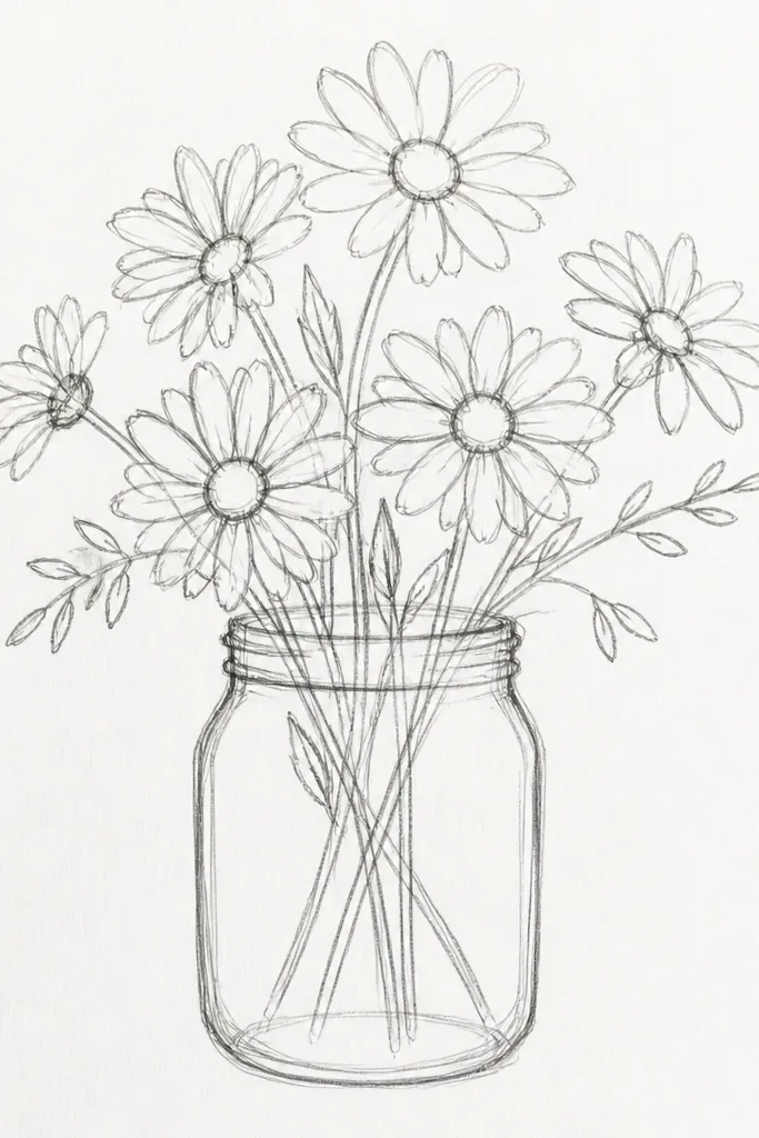 Daisies in a mason jar with a soft tea-wash background