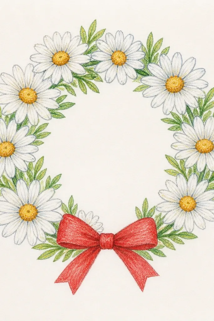 Circular daisy ring with a small red ribbon bow at the top