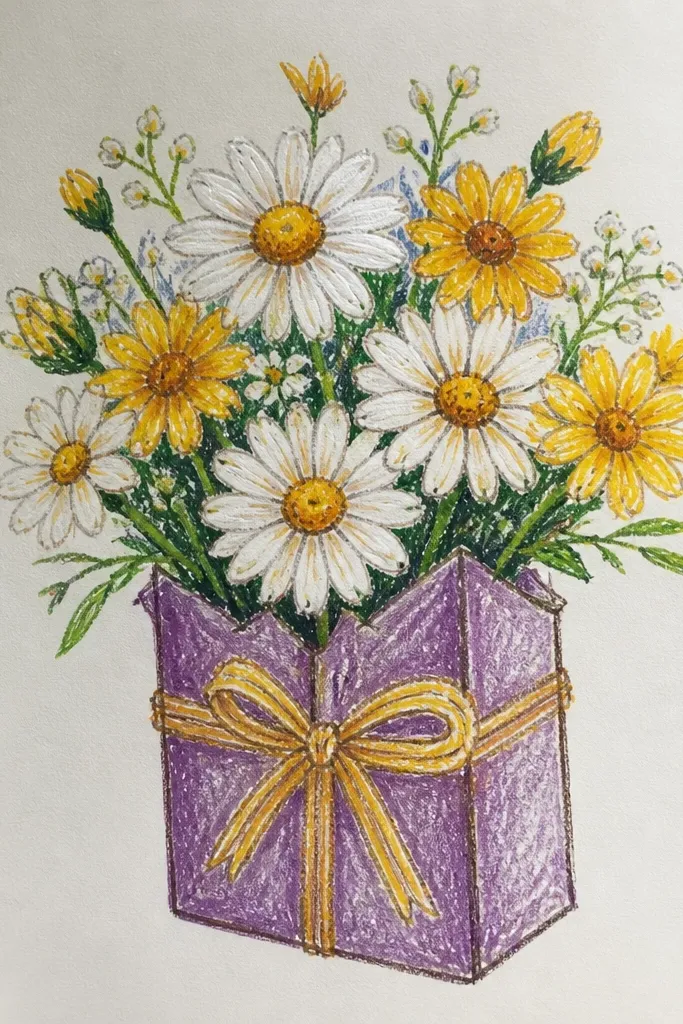 Daisy bouquet coming out of a wrapped gift box with crisscross ribbon