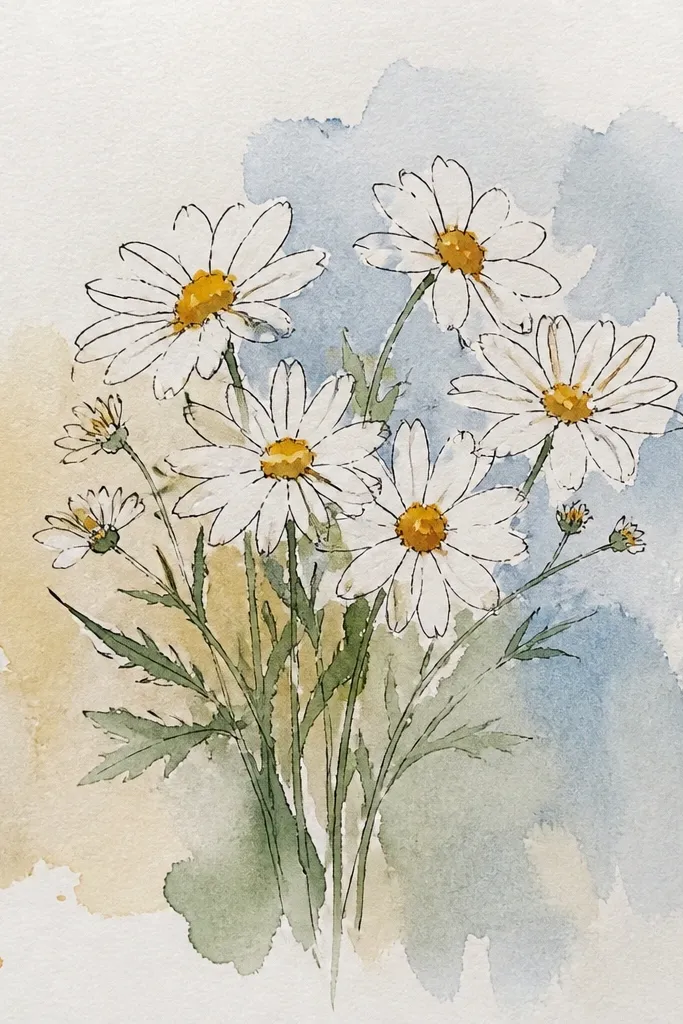 Ink-outlined daisies over a soft watercolor wash background