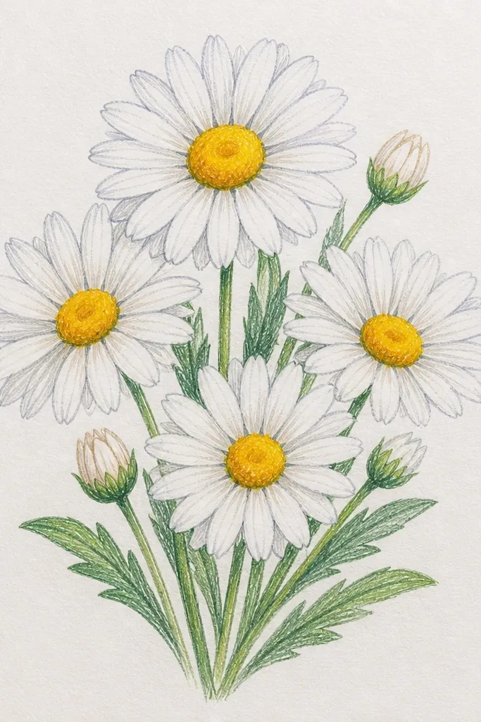All-pencil daisies with soft smudged centers and light shading