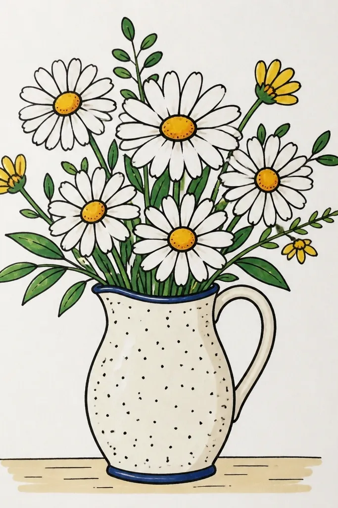 Daisies in a ceramic pitcher with speckled light dots