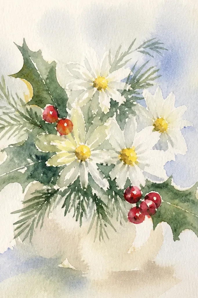 Daisies with small holly-like leaves and berries around the bouquet