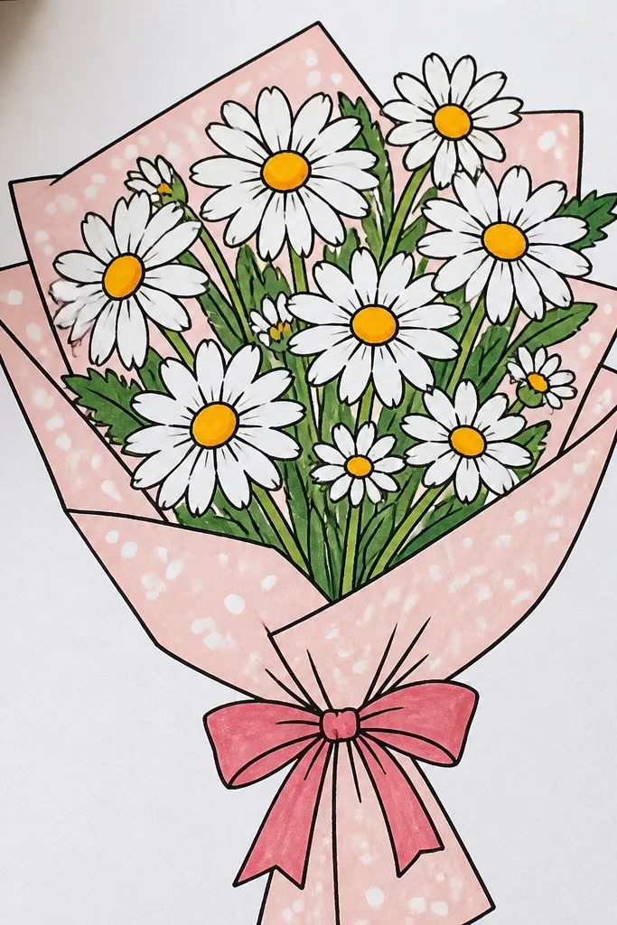 Daisies over a warm polka dot background like wrapping paper