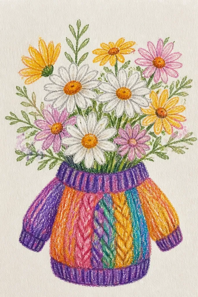 Daisies inside a sweater-shaped outline with simple stitch lines