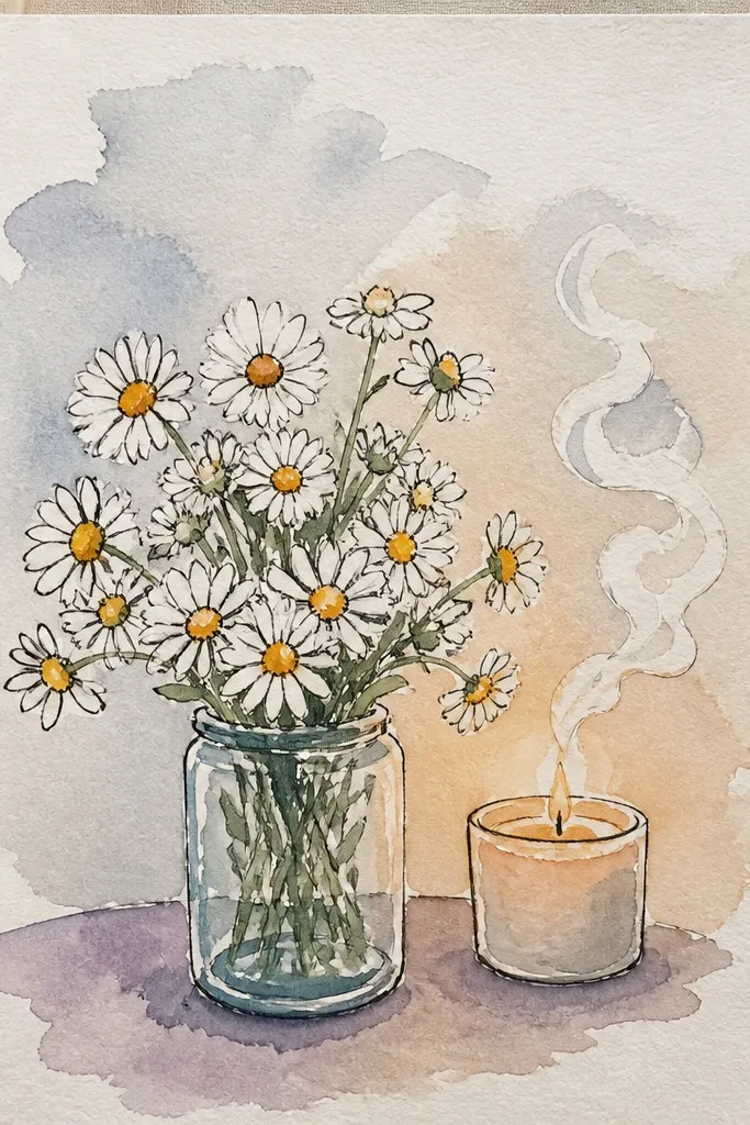 Daisies with soft smoke swirls rising like a candle scene