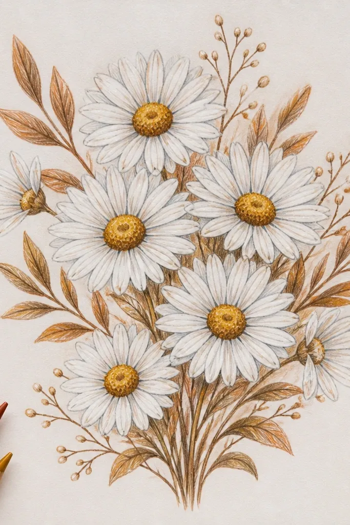 Daisies with gold-like center accents and warm brown stems