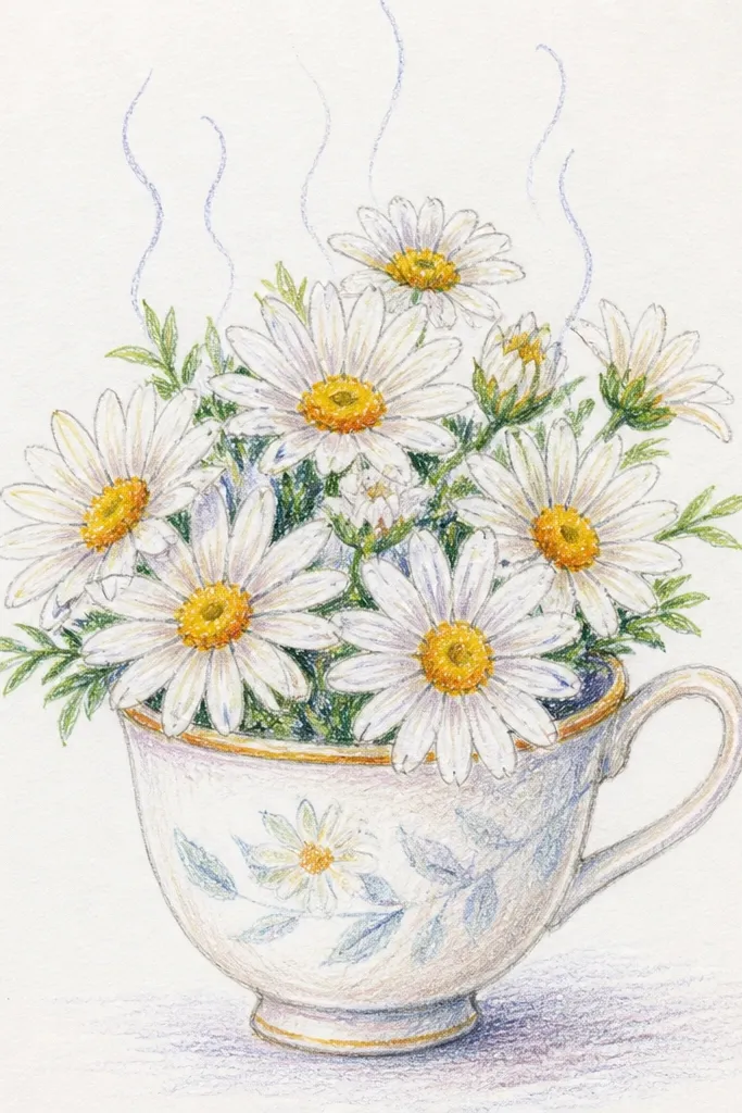 Daisies arranged in a teacup with gentle steam lines above