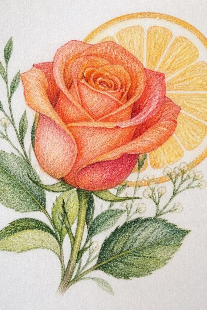One red rose with a lemon slice behind it