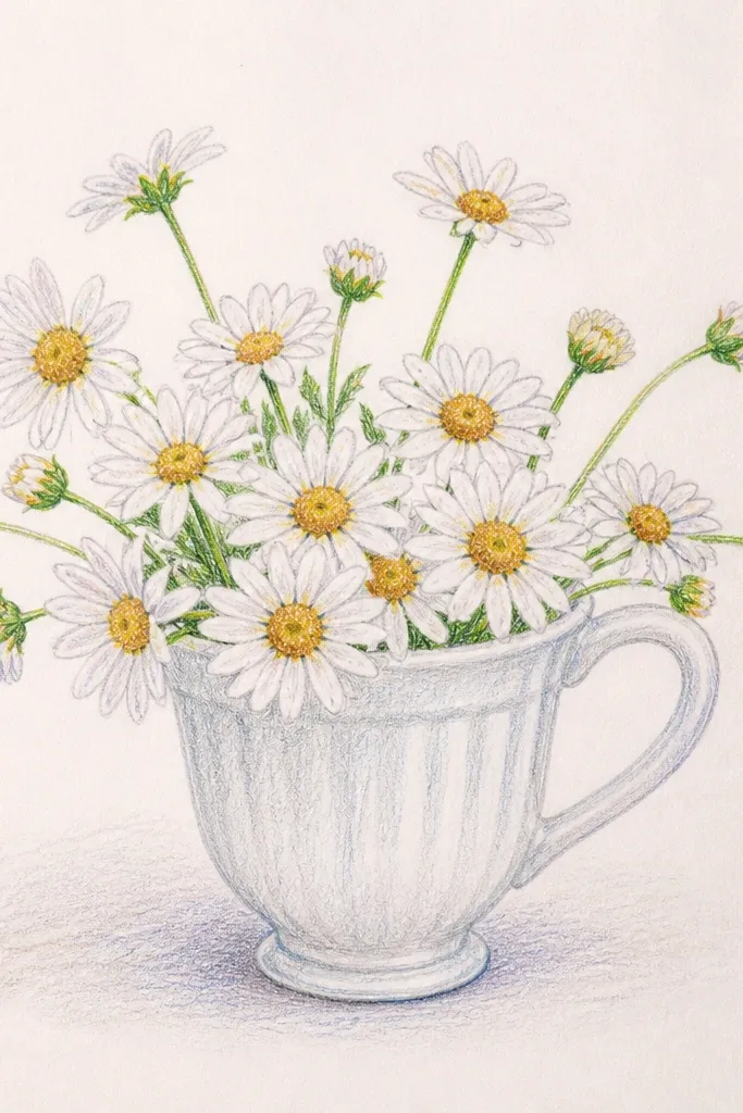 White daisies spilling from a milk glass cup