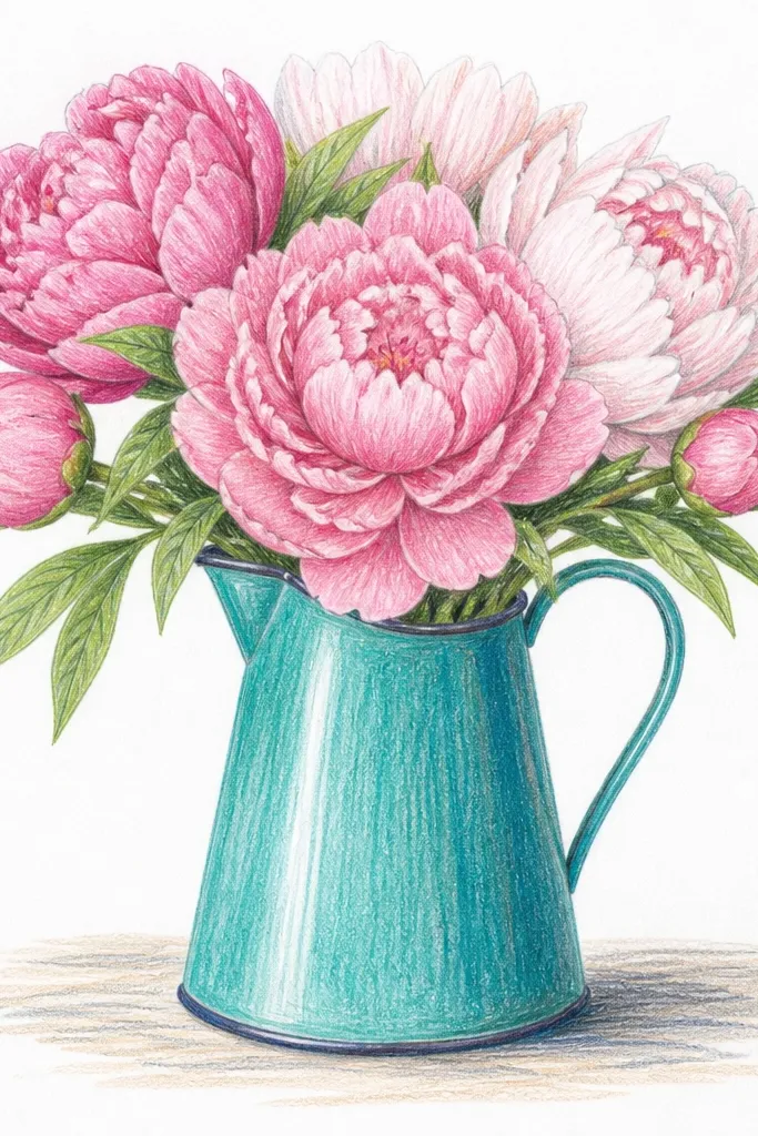 Peonies in a teal pitcher with rounded petals