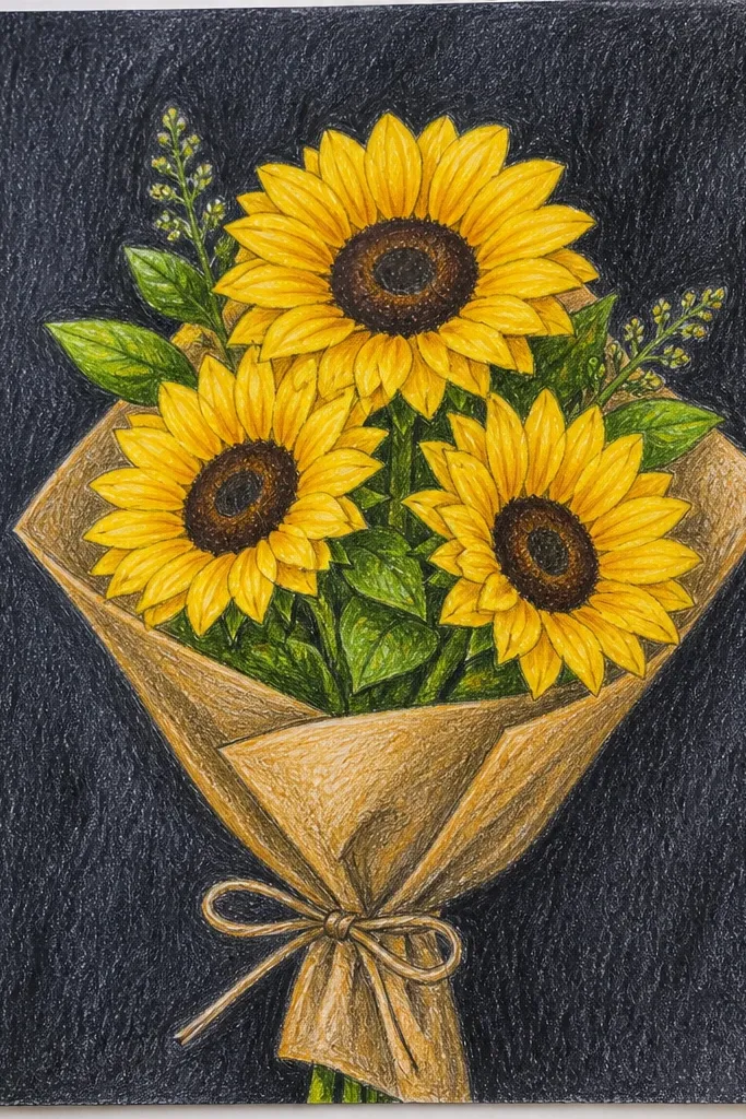 Sunflowers clustered against a dark background