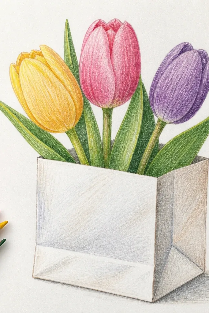 Three tulips spilling from a white paper bag corner