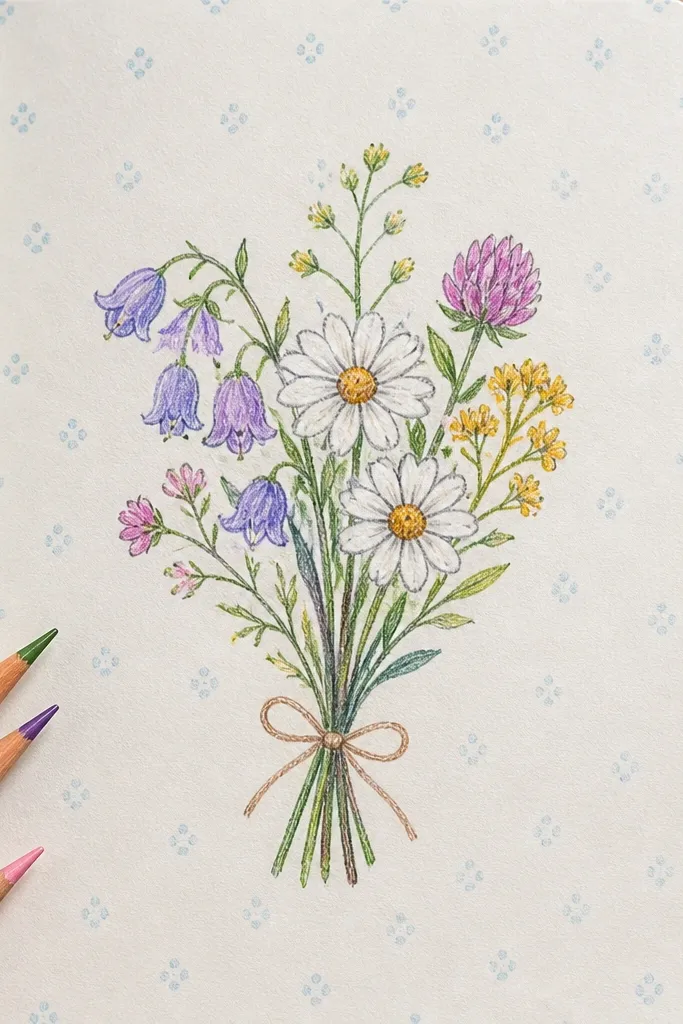 Small wildflower bouquet with simple notebook-like pattern background