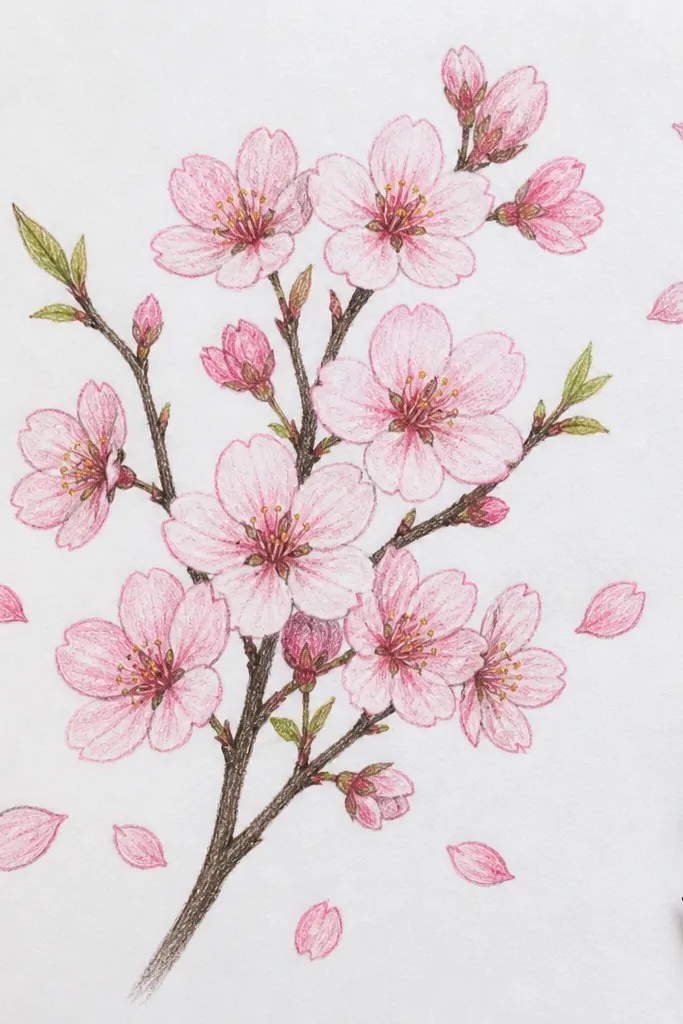 Cherry blossom branch with scattered petals in the air