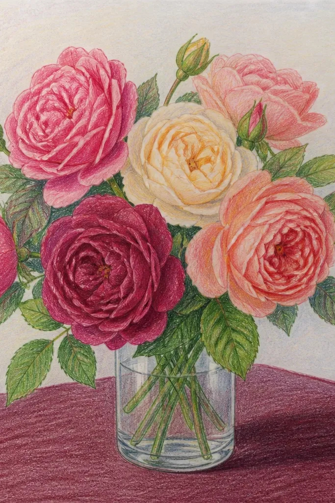 Roses with burgundy shadow shapes under the bouquet