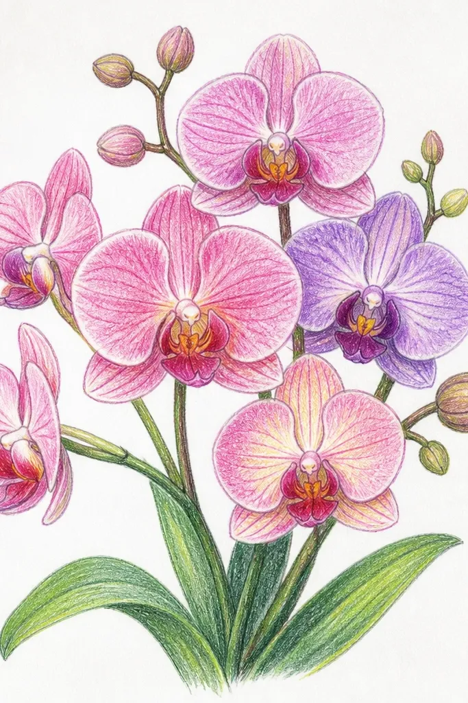 A small group of orchids with bright white background