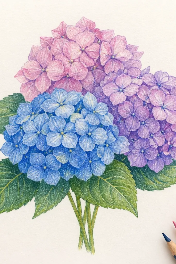 Hydrangea cluster with blue and purple petal tones