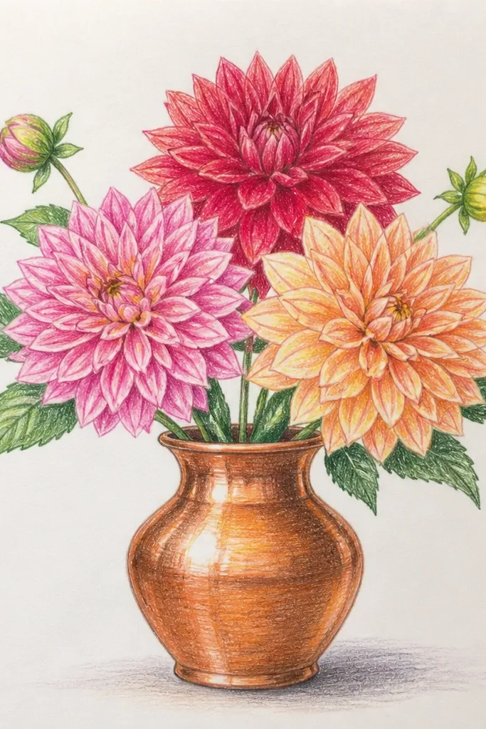 A dahlia with a copper-toned vase and highlights