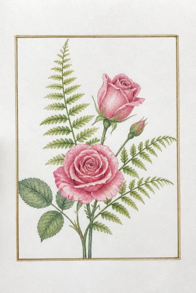 A single rose with fern leaves in a narrow centered layout