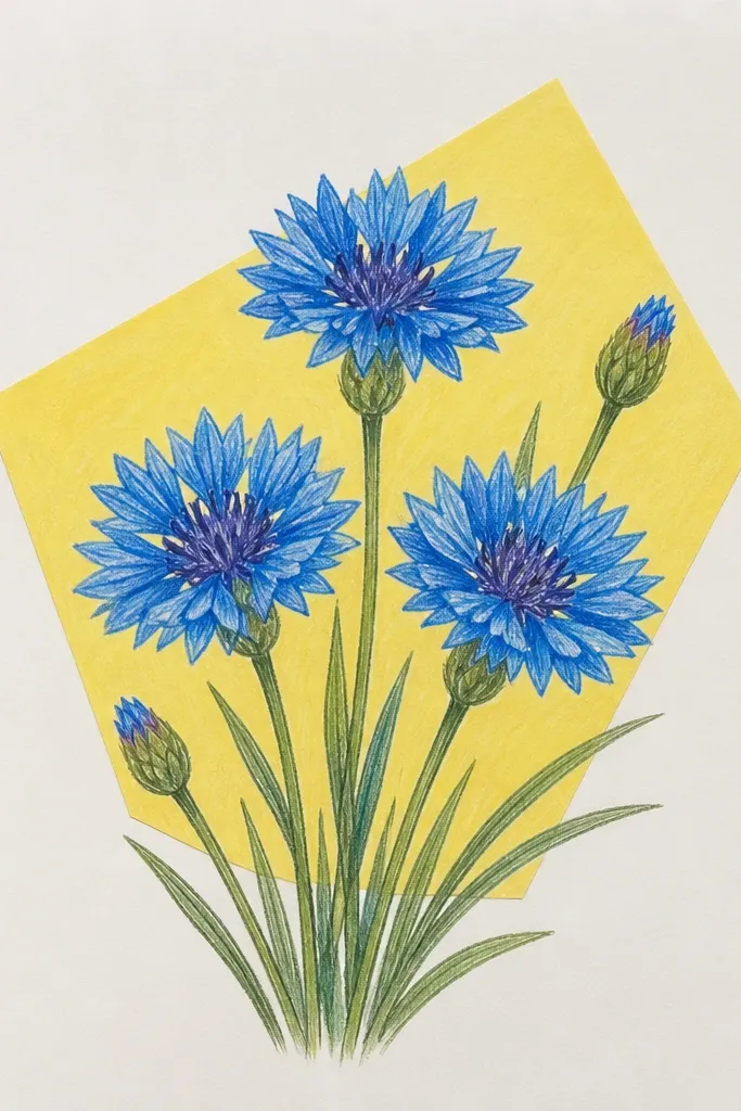 Cornflowers with a yellow background shape behind them