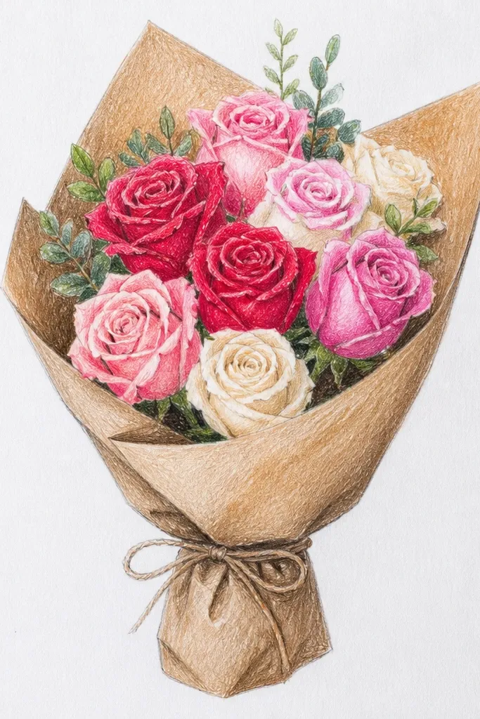 Roses wrapped in kraft paper with visible texture
