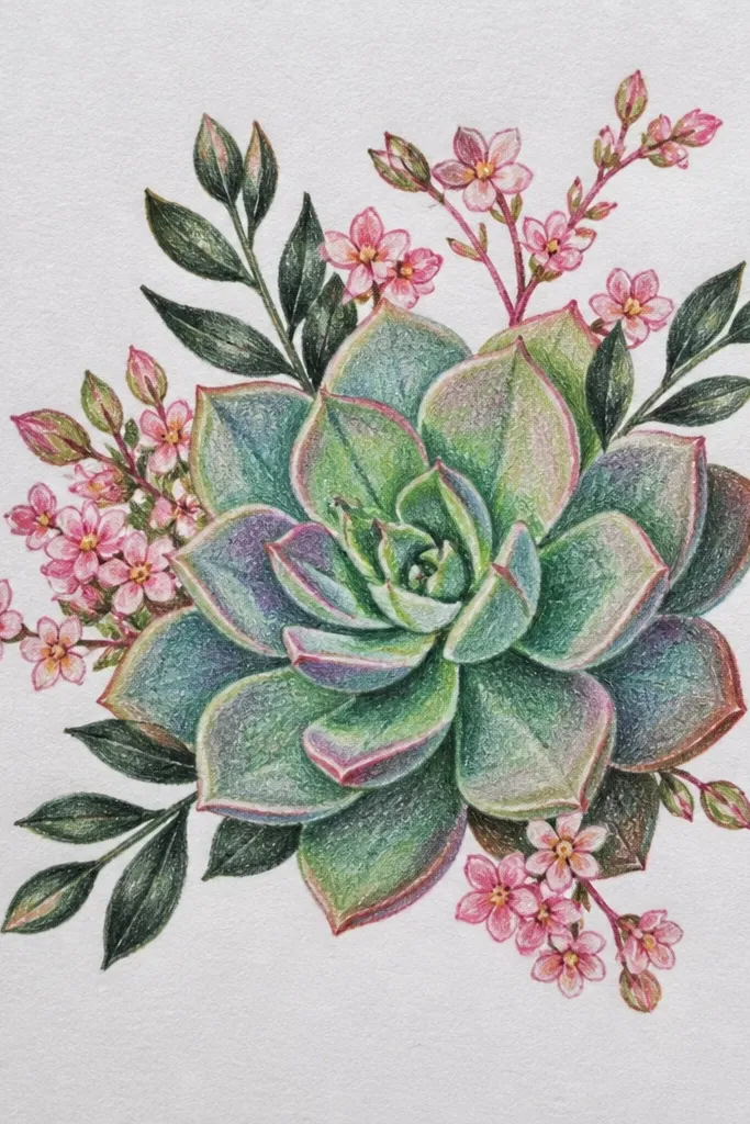 Succulents with tiny blooms and deep green leaves