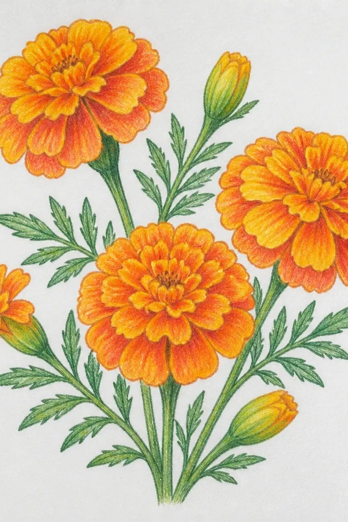 Marigolds with orange petals and bright centers
