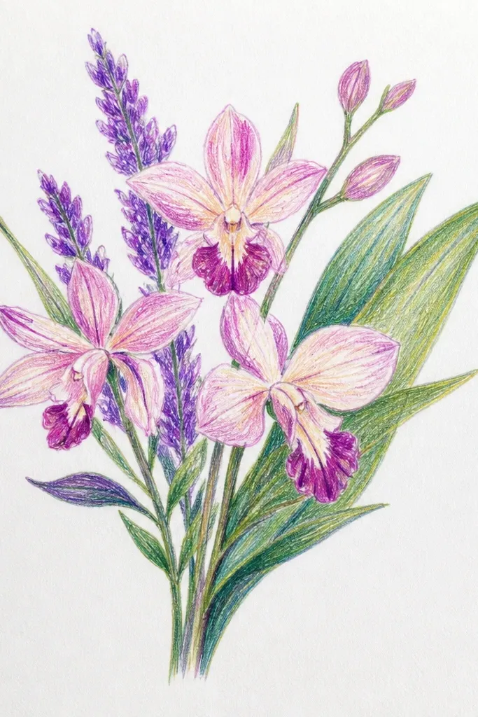 Long green leaves with one purple orchid-like flower