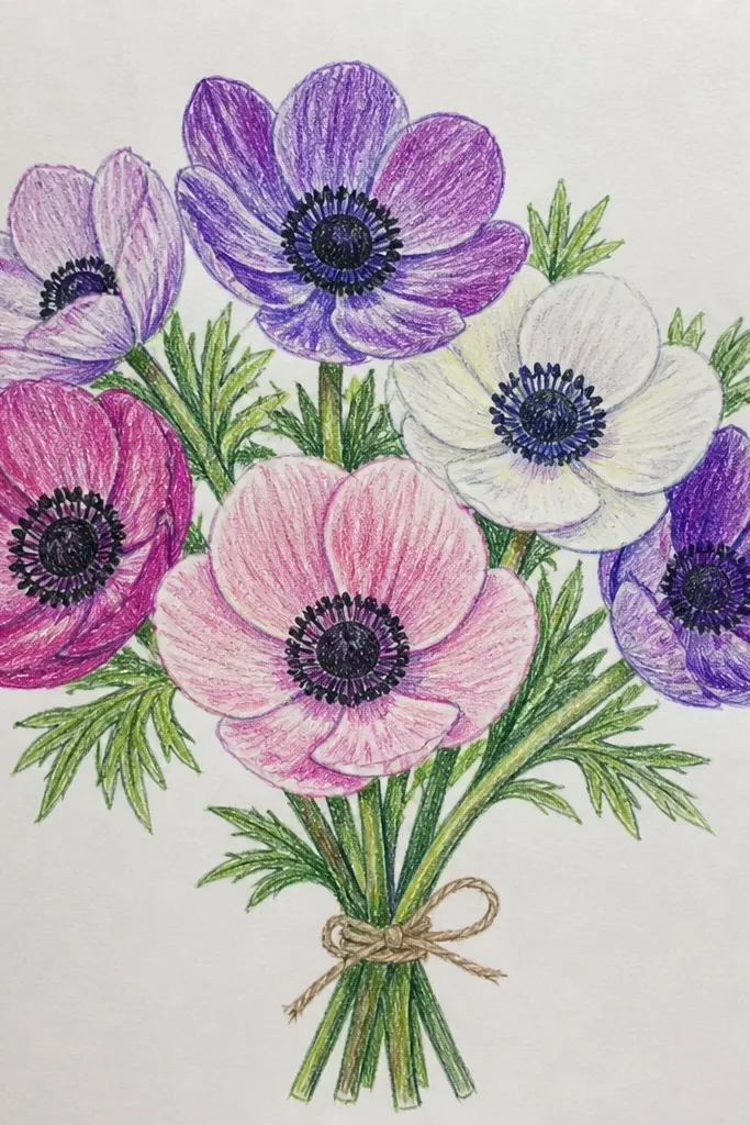 Anemones with dark center stars and pale petals