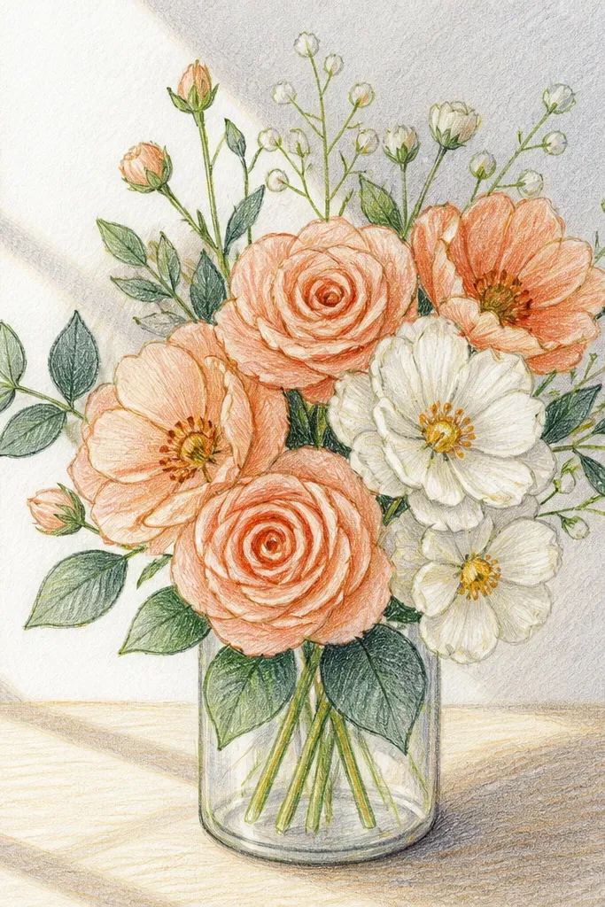 Peach and white bouquet with a window-like light gradient background