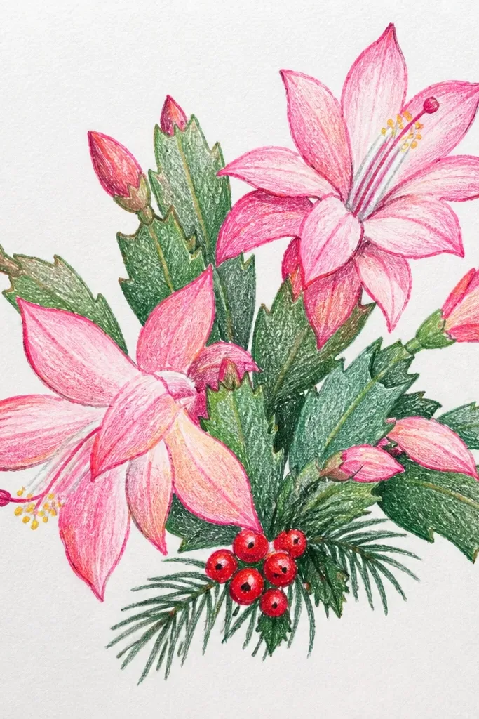 Christmas cactus with red blooms and dark green pads
