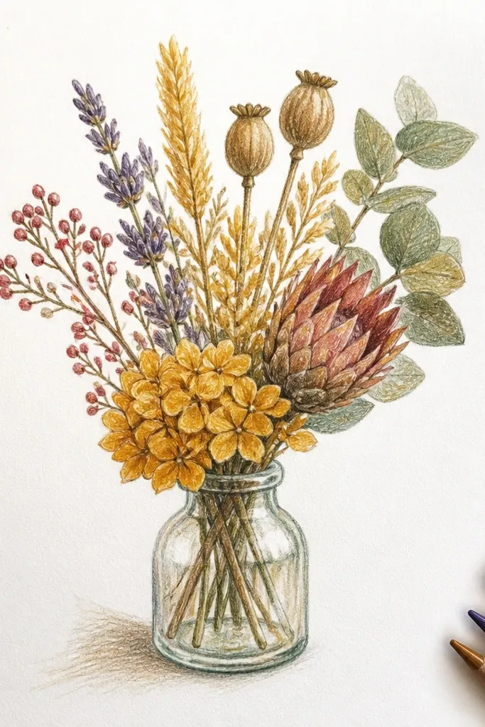 Dried flowers in a small glass bottle with amber tones