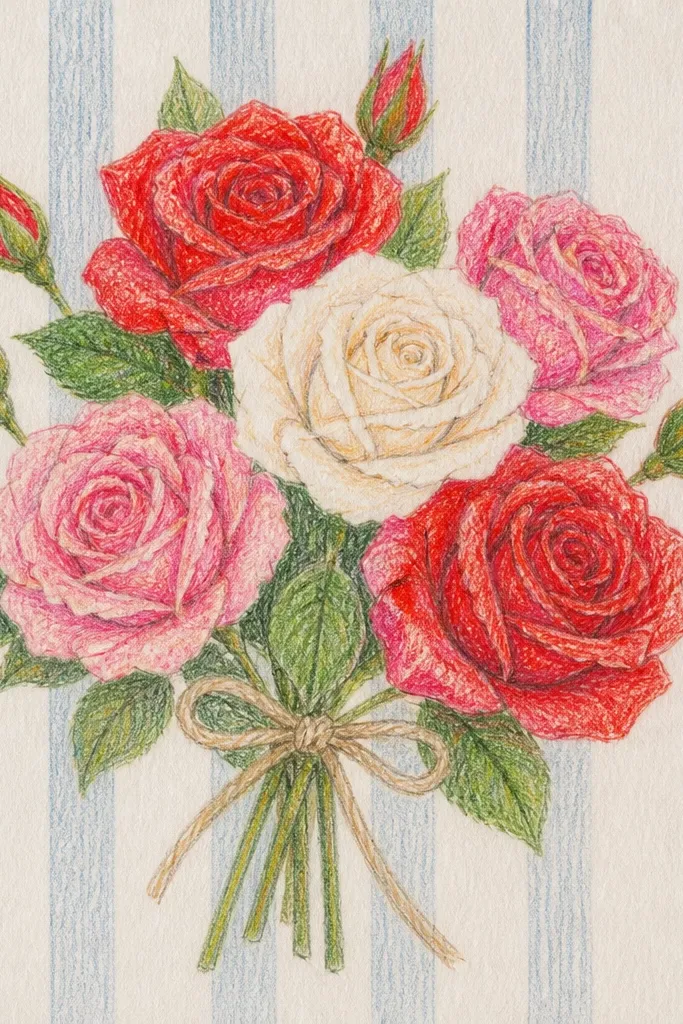 Rose bouquet on a light striped linen background