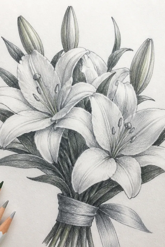 White lilies with gray shading and soft shadows on paper